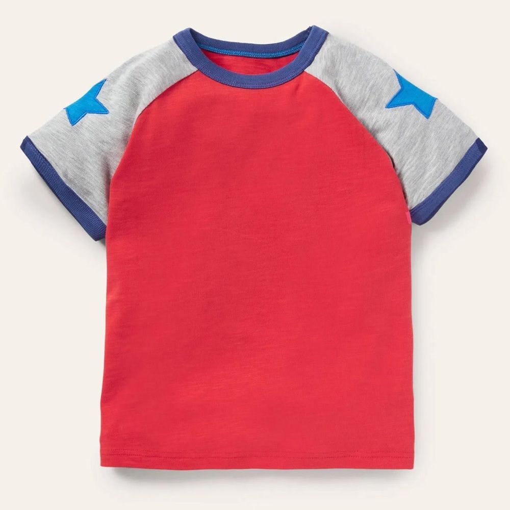 Mini Boden Boys Kids Short Sleeve Colorblock Raglan Star Sleeve T-Shirt. 6-7.